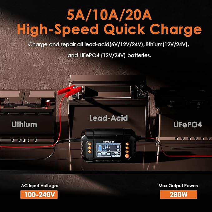 WAVLINK Smart Battery Charger, 20-Amp, Car Battery Charger with LCD Display, for 6V/12V/24V Lead-Acid/Lithium/LiFePO4 Batteries, Trickle Battery Maintainer and Desulfurizer for Car, Boat, Motorcycles