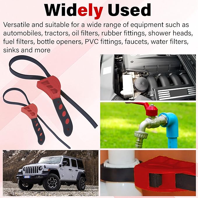2 PCS Strap Wrench Plumbing, Rubber Strap Wrench, 24 Inch & 19.7 Inch Oil Filters Strap Wrenches, Water Filter Wrenches, Adjustable Rubber Jar Opener for Water Filters, Plumbing,Sink, Faucet (Red)