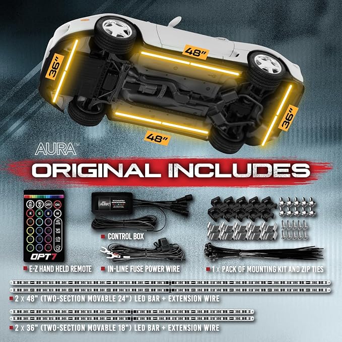 OPT7 Aura Aluminum LED Underglow Kit for Car with Remote Control, Exterior Neon Accent Under Glow Lights, Rigid Waterproof Strip Lights, Music Soundsync Mode, Multicolor RGB Light Bars