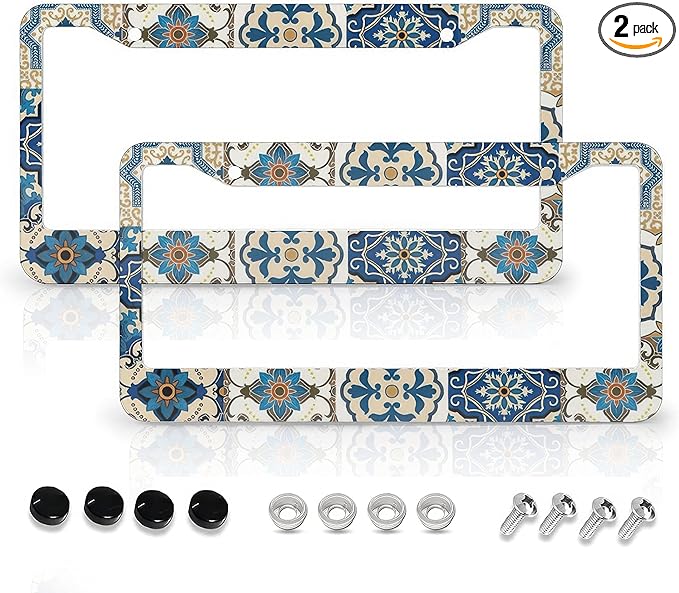Boho Mexican Tile License Plate Frames - 2 Pcs Set 2 Holes Metal Aluminum Auto Car Accessories Decoration License Plate Frame 12.2 x 6.3 inch for Women Men Gift