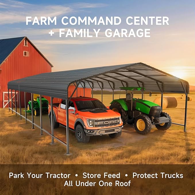 20x40 FT Metal Carport, Enhanced Base and Steel Roof for All-Weather Use, Outdoor Heavy Duty Garage Galvanized Car Shelter for Bass Boats, Full-Sized Pickup Trucks, and Tractors
