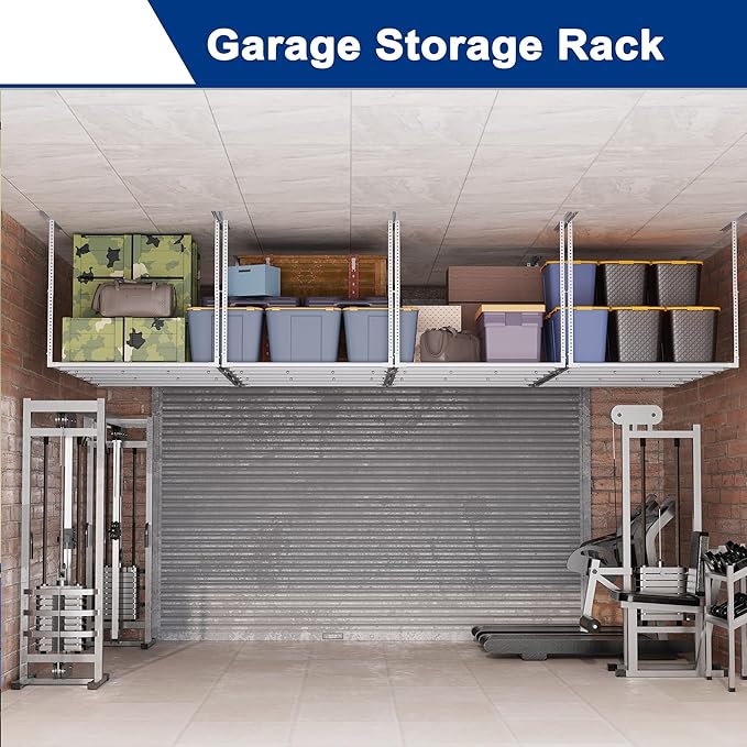 GIOTORENT 3x6FT Heavy Duty Overhead Garage Storage Rack - Adjustable Ceiling Shelving with 520lbs Weight Capacity, Metal Garage Organization System, White