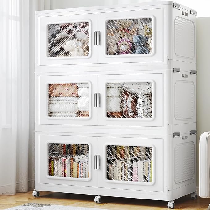 900 Qt Stackable Storage Bin with Lid, 225Gal Extra Large Collapsible Storage Boxes, Folding Plastic Drawer, Heavy-Duty Store Cabinet, Closet Organizer for Home Kitchen, 3 Pack White
