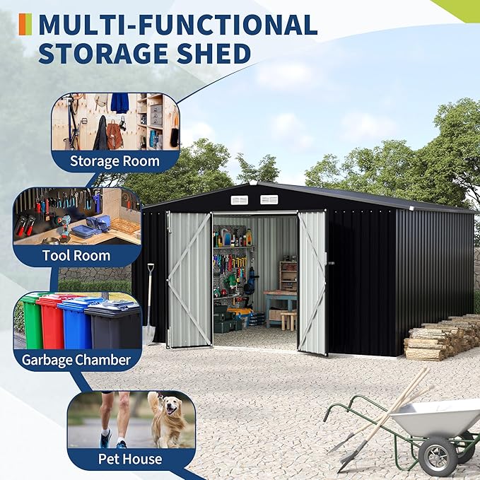 8x10x6.4 FT Outdoor Storage Sheds with Floor, Metal Garden Tool Shed for Backyard, Large Metal Sheds Outdoor Storage With Lockable Doors & Air Vents for Backyard Garden Patio Lawn