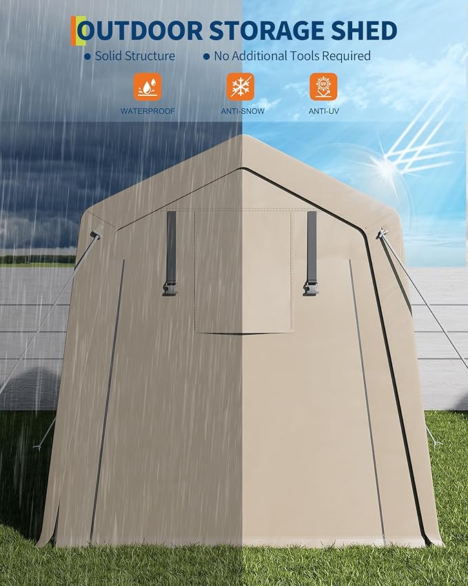 6x6 Ft Carport Heavy Duty Tent with Roll-Up Windows, Portable Garage with Removable Sidewalls & Doors, Car Canopy All-Season Tarp for Car Boat Truck Motorcycle, Khaki