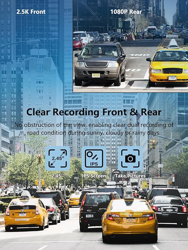 Dash Cam Front and Rear, 2.5K+1080P Dual Dash Camera for Cars with 32GB SD Card, 2.45 inch IPS Screen, 2 Mounting Ways, Night Vision, WDR, Accident Lock, Loop Recording, Parking Monitor