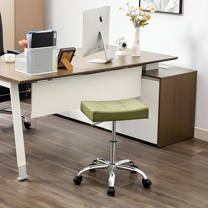 Adjustable Work Stool with Wheels (300lbs Capacity) (Saddle Shaped Seat) Faux Leather Workbench Stool (Green)