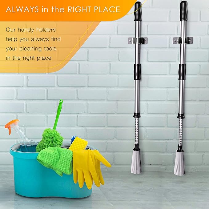 Self Adhesive Broom and Mop Holder Wall Mounted – SUS304 Stainless Steel 2-Slot Organizer with Anti-Slip Rubber Grips, 25lb Load, Adjustable for 0.6–1.4" Handles, Garage Kitchen Bathroom Use, 2 Pcs