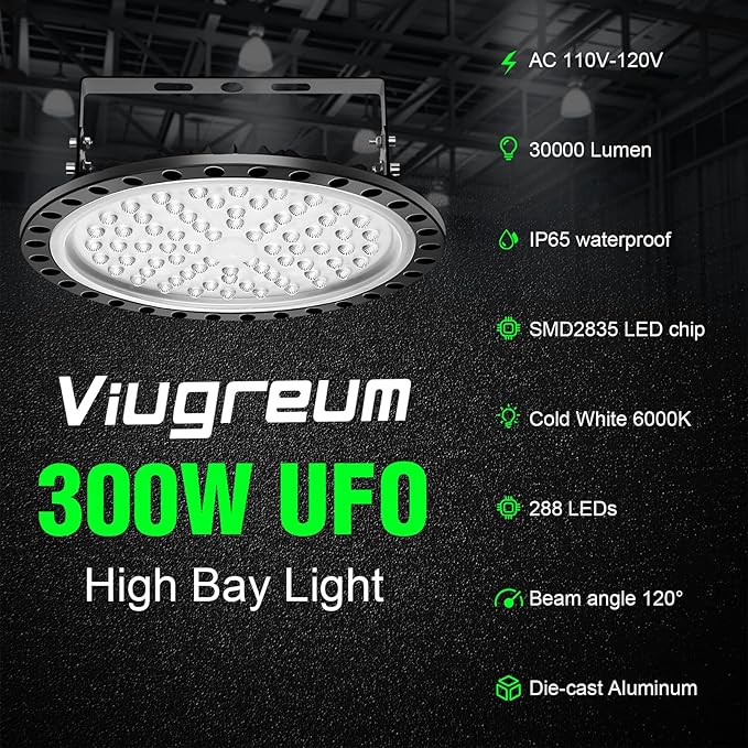 Viugreum 5 PACK 300W UFO LED High Bay Light, 30000LM 6500K Daylight White LED Warehouse Lighting, IP65 Waterproof Commercial Bay Lighting for Garage Barn Workshop Wet Location