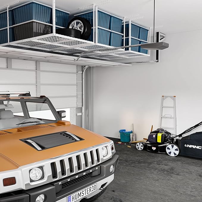 FLEXIMOUNTS 3x8 Overhead Garage Storage Rack,Adjustable Storage Organization System,Heavy Duty Metal Garage Ceiling Storage Racks,2 pack,White