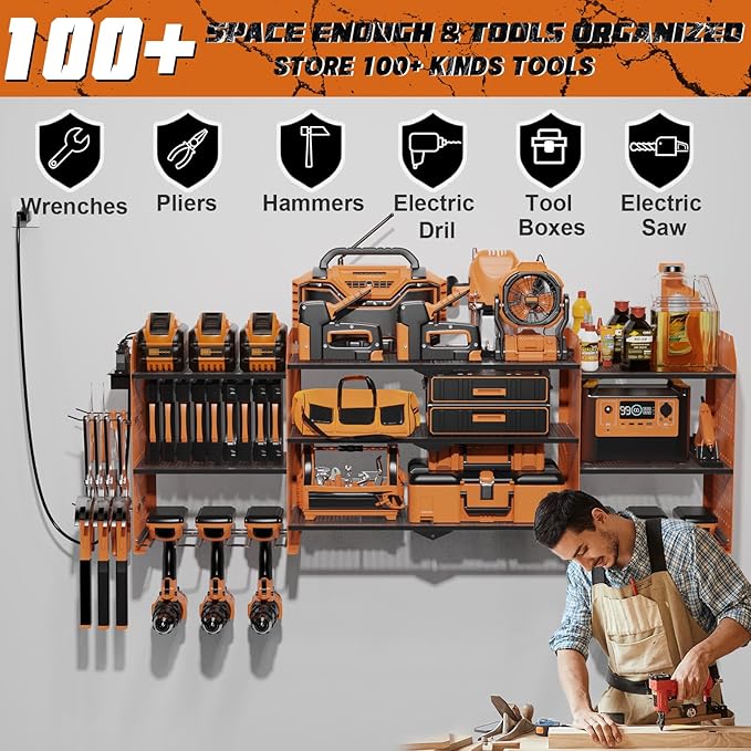 Power Tool Organizer Wall Mount, Expanded Width Garage Storage 3 Layer Heavy Duty Power Tool Storage Rack, 45.5" Battery Tools Holder with Charging Station Shelf