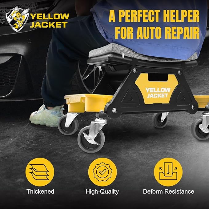 YELLOW JACKET Mechanic Stool with Wheels Rolling Stool Chair 300 lbs Capacity,Garage Mechanics Seat with Two Tool Tray and A Drawer Workshop Creeper Seat for Auto Repair Work