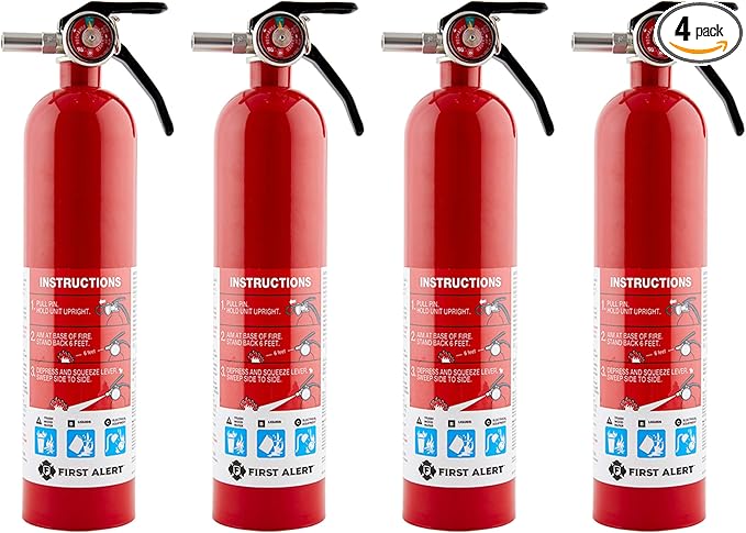 First Alert Fire Extinguisher for Home, Standard Rechargeable Compliance Unit, UL RATED 1-A:10-B:C, HOME1-4, Red, 4-Pack
