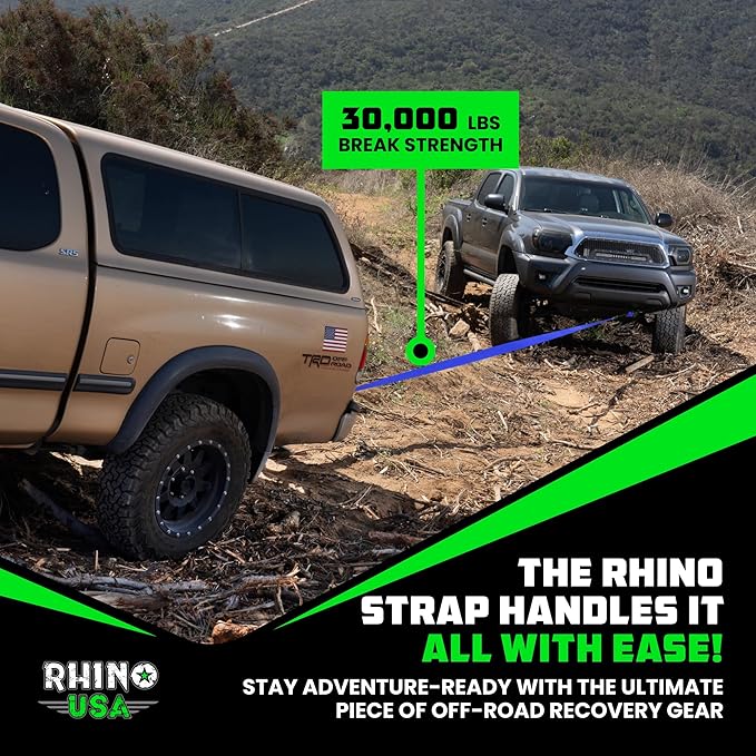 Rhino USA Recovery Tow Strap (3"x20') - 31,518lb Break Strength- Emergency Recovery Strap Tow Rope for Truck, UTV, ATV & More - Heavy Duty Towing Strap for Offroad 4x4 Use- Compatible with Jeep (Blue)