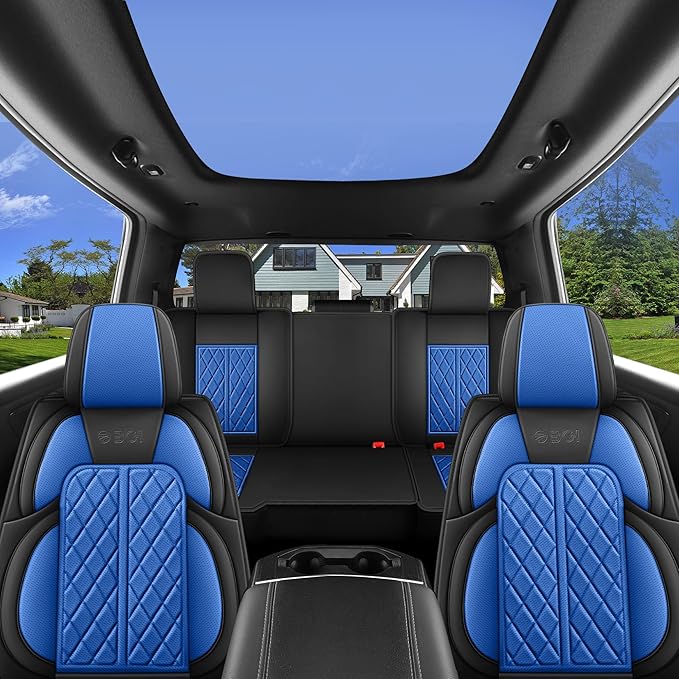Car Seat Cover Custom Fit for Dodge Ram 1500 2500 3500 2002-2024 Faux Leather Seat Cover Set Compatible with Crew Quad Regular Cab Pickup Truck Cushions (Black & Blue, Full Set, Curved Rear)