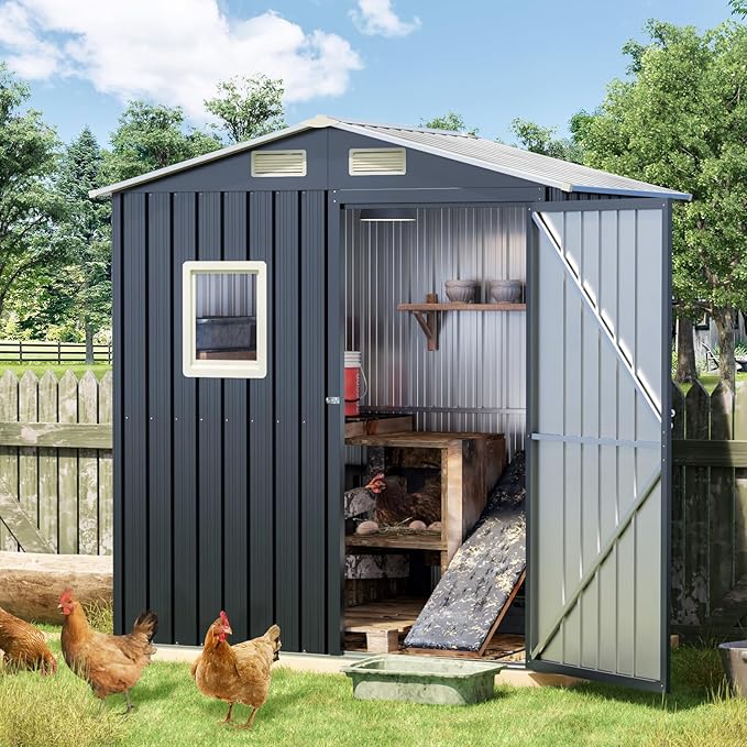 6x4 FT Outdoor Metal Storage Shed, Single Door, 1 Clear Window, Tool Shed for Garden, Patio, Backyard Brown