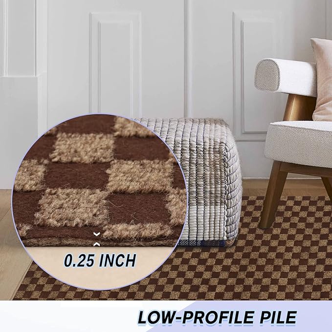 Custom Size Backed Non-Slip Area Rugs Runner, Easy Clean, Waterproof Runner Rugs for Hallway Entryway, Kitchen, Laundry, 3FT x 27FT, Brown Checkered