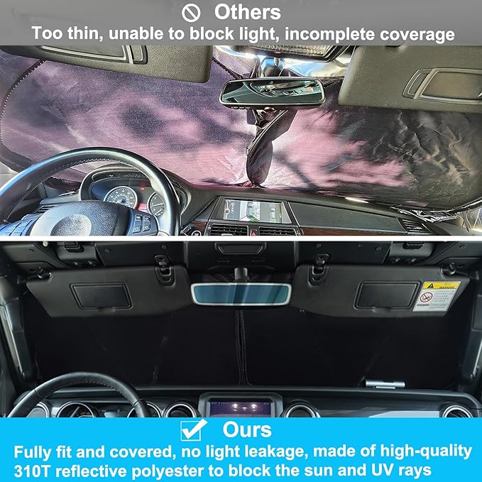 Premium Windshield Sun Shade for 2018-2025 Jeep Wrangler JL JLU & 2020-2025 Jeep Gladiator, Reflective 310T Material Front Window Sun Visor Blocks UV Rays Foldable Sunshade with Storage Pouch