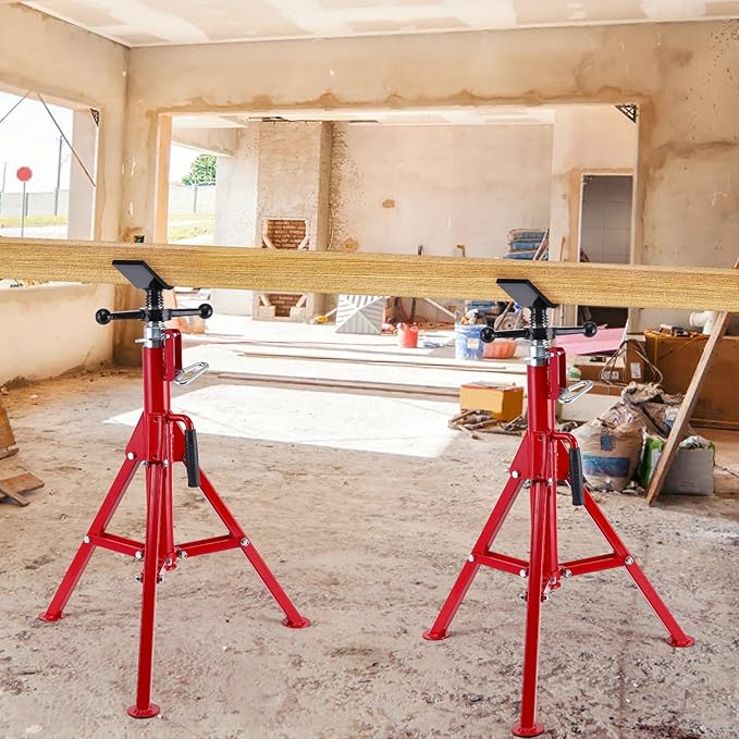 V-Head Pipe Jack Stand, Heavy-Duty Folding Pipe Stand with 2500 Lbs Load Capacity, Adjustable Height 28"-52" for Welding, Automotive & Construction Projects, Red