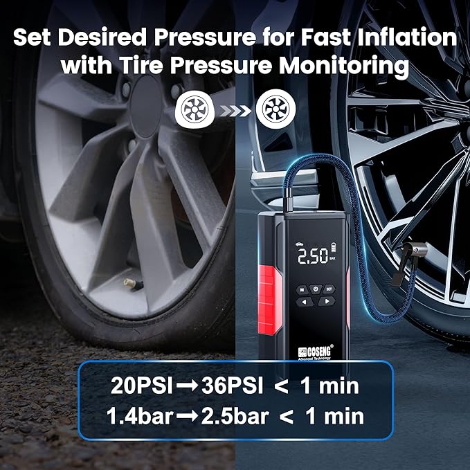 J26 Portable Car Jump Starter with Air Compressor, 3500A 12V Car Battery Booster (All Gas & up to 6.0L Diesel Engines), 150PSI Tire Inflator, Smart Jumper Cables, 3-Mode Emergency Flashlight