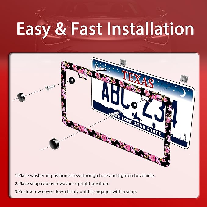 Cherry Blossom License Plate Frame Pink Flowers License Plate Frames Funny Stainless Steel Accessories Cars Decor with 2 Holes and Screws Fits Standard Us Ca Vehicles License Plate Holder 12.2 X 6 in