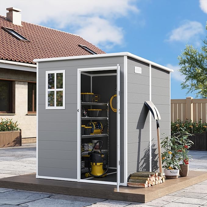 UDPATIO Resin Storage Shed 6 x 6 FT, Outdoor Garden Sheds with Floor Plastic Patio Outdoor Storage Shed with Lockable Door, Gray White