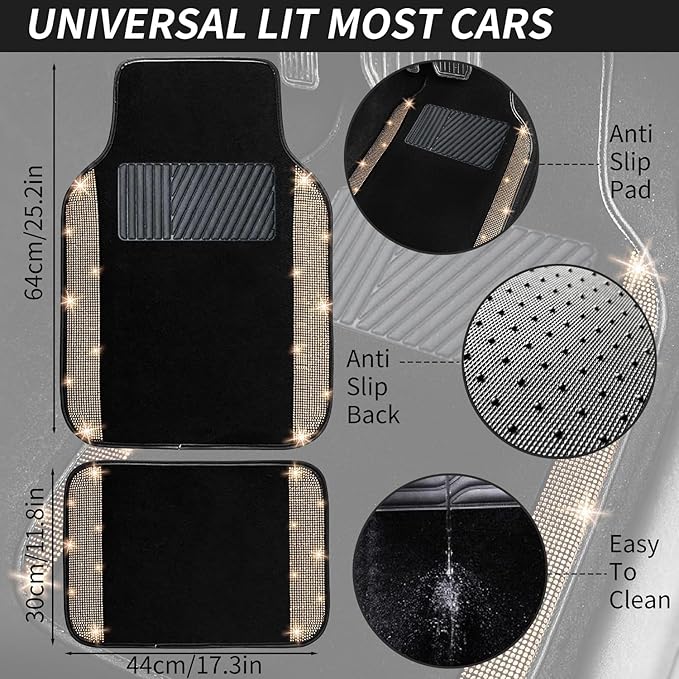 NBTEPEM Gold Bling Car Floor Mats Full Set, Universal Fit Most Cars,SUV, Trucks, 4 pcs Sparkle Glitter Diamond Carpet for Women Girls with Anti-Slip Pad (Gold Diamond)