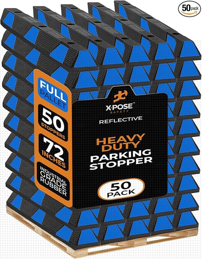 Xpose Safety 72" Heavy Duty Rubber Parking Stopper – Bulk Full Pallet 50 Pack Wheel Blocks for Garage, Driveway, or Ramp – Car Bumper Stop with Blue Reflective Strips – Removable Floor Mount