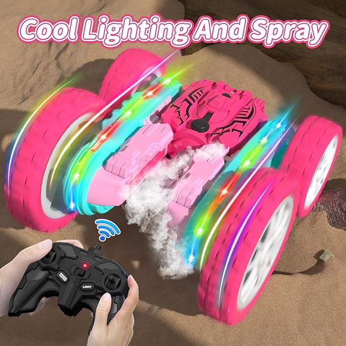 Remote Control Car for Girls, RC Cars 2.4GHz Fast RC Stunt with Strip Light, RC Trucks with Spray 4WD 360° Rotating, Off Road RC Cars Xmas Birthday Gift for Girls (Pink)