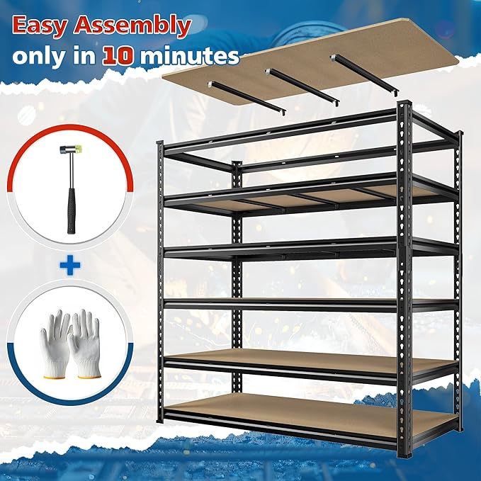 55" W Storage Shelves, 3060LBS Garage Shelving Heavy Duty, 6-Tier Heavy Duty Shelving, Adjustable Metal Shelving Unit for Garage, Warehouse, Pantry, Kitchen, 55" W × 24" D × 84" H, Black