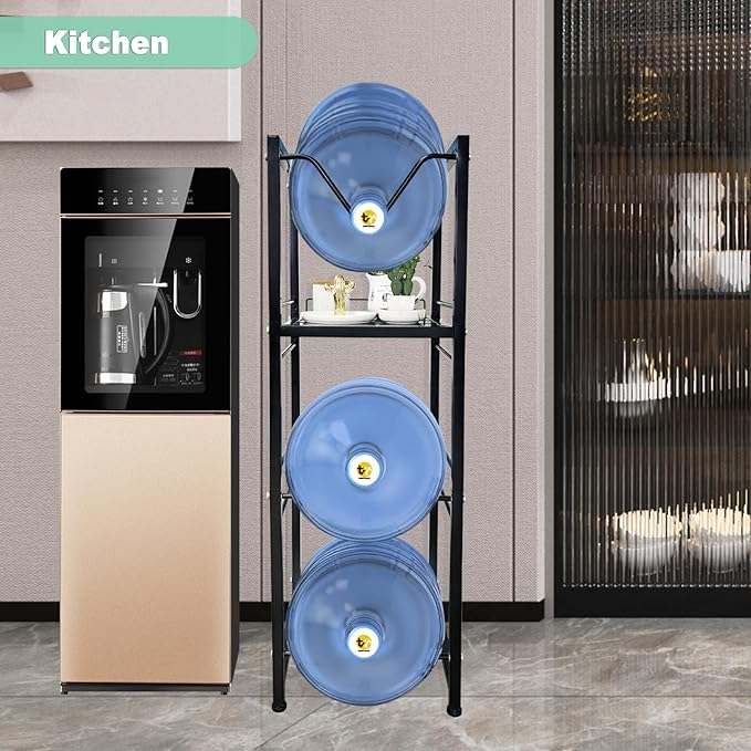 5 Gallon Water Jug Holder with 3-Tier Storage Shelves - Heavy Duty Stand with Fast Flow Spout - Fits 55mm Water Bottle - For Kitchen, Living Room, Office - Black