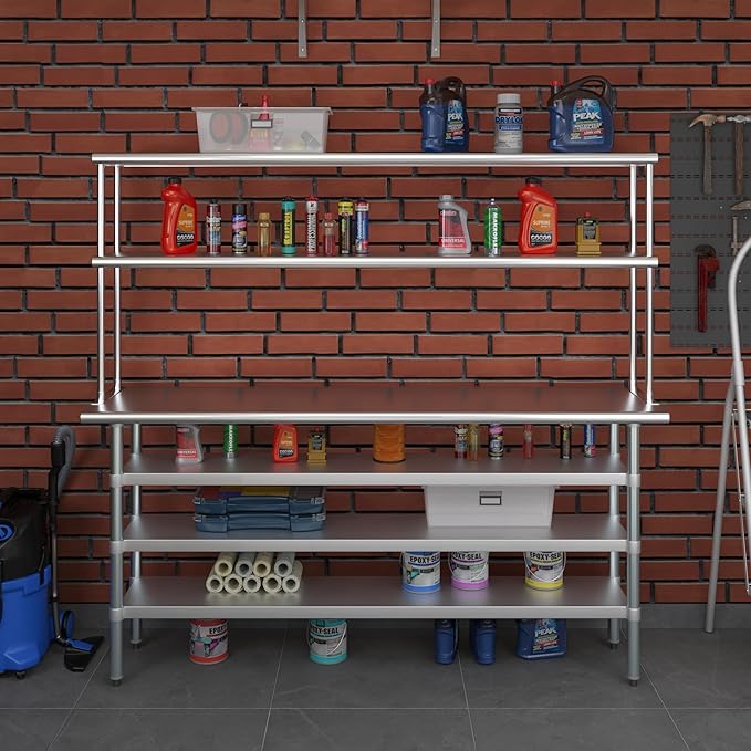 Amgood 18" x 72" Stainless Steel Work Table with 3 Shelves and 12" Wide Double Tier Overshelf | Metal Kitchen Prep Table & Shelving Combo | NSF