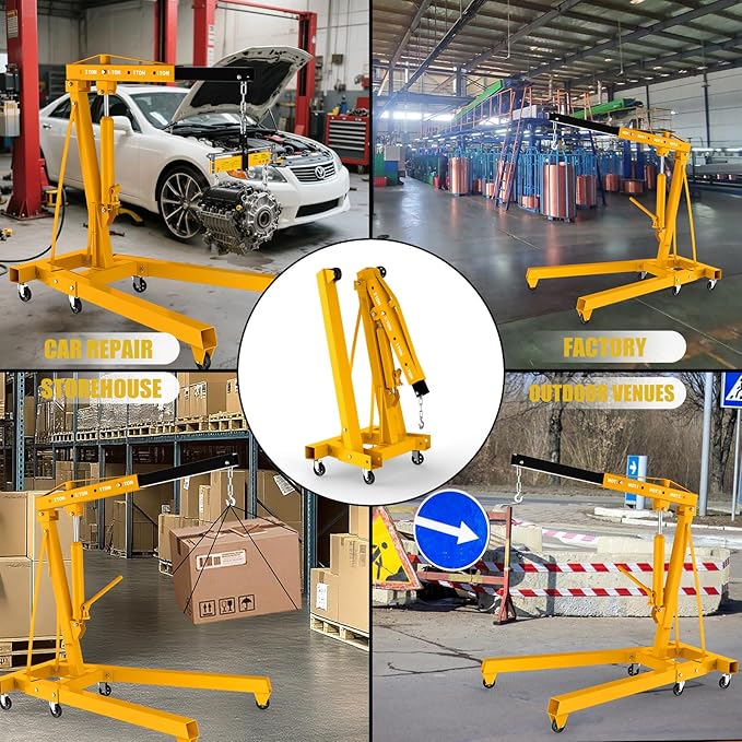 Engine Lift with Load Leveler,2T Heavy Duty Alloy Steel Folding Cherry Picker Engine Lift,Cherry Picker Workshop Crane,8Ton Hydraulic Engine Crane,Engine Lift for Workshop Warehouse Garage (Yellow)