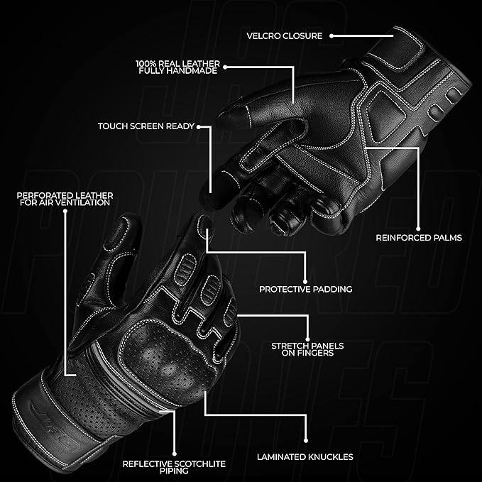 J.A.G. Motorcycle Gloves - Premium Leather Perforated Motorcycle Gloves for Men with Knuckle Protection | Touchscreen Motorbike Riding Gloves