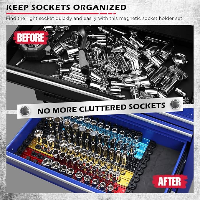 18-Piece Magnetic Socket Holder Organizer Set (Holds 240 Sockets), Heavy Duty 1/2, 3/8, 1/4-Inch Socket Racks Premium Quality Socket-Clip Rail Holder Aluminum Sockets Rack Kit for Tool Box Drawer