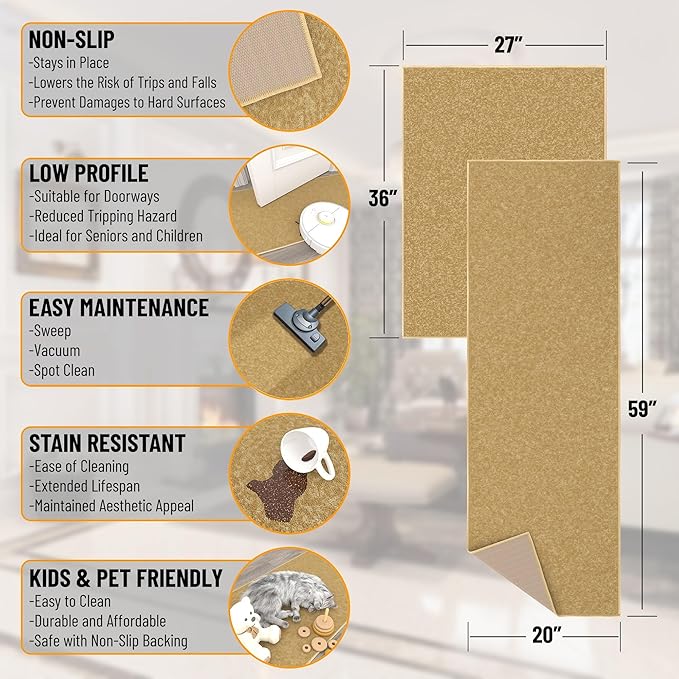 Ottomanson 2-Piece Kitchen Rug Set - Non Slip, Runner & Small Area Rug - Solid - 20" x 59" & 2'3" x 3' - Durable, Stain Resistant for Entryway, Bedroom and Bathroom, Beige