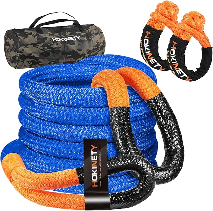 Kinetic Recovery Tow Rope: 1.26" x 30ft 55000LBS Snatch Strap with Soft Shackles Heavy Duty Offroad Towing Straps Kit for Trucks SUV UTV ATV Tractor Car Jeep - Blue