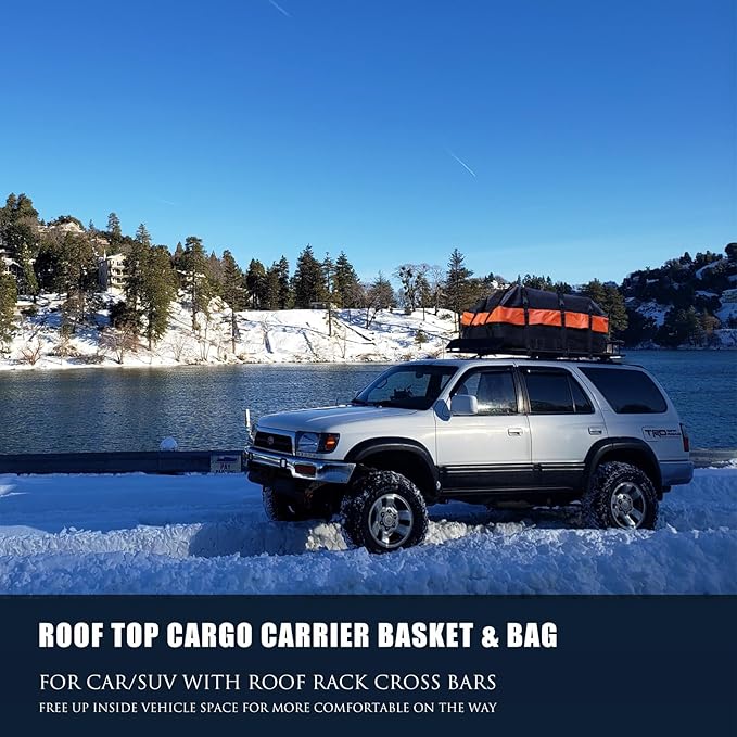 MeeFar Roof Rack Carrier Basket Universal Rooftop 65" X 39" X 6" Large Size Roof Rack + Waterproof Bag 20 Cubic Feet (51" 40" 17"), and Cargo Net with Attachment Hooks, Ratchet Straps