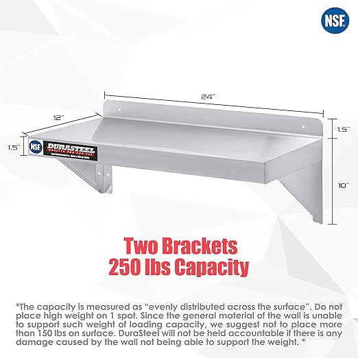 DuraSteel Stainless Steel Wall Shelf - 24" Wide x 12" Deep Commercial Grade - NSF Certified - Industrial Appliance Equipment (Restaurant, Bar, Home, Kitchen, Laundry, Garage and Utility Room)