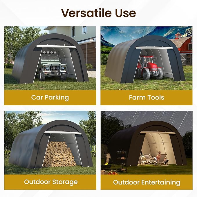 Kiss the Water Carport, Round Portable Garage, Steel Heavy Duty Carport with Ground Stakes, Tensioner and 2 Roll Up Windows PE Fabric Car Port, Tent for Storage, Storage Shed, Garage, SUV (13x20 Ft)