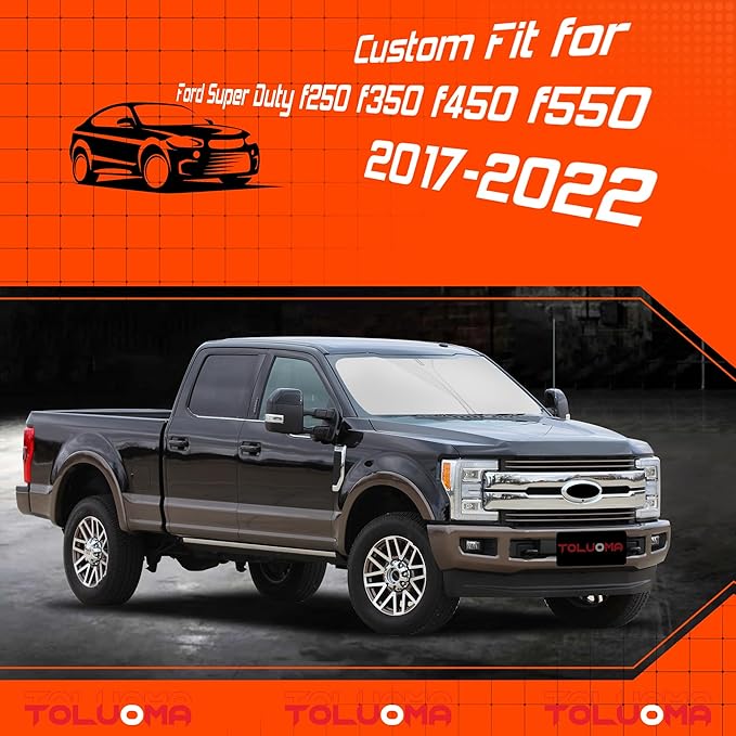 Custom Fit Windshield Sun Shade for Ford Super Duty F250 F350 F450 F550 2017-2022 - Full Coverage, 210T Reflective Fabric,Blocks 99% UV Rays, Easy to Install and Store