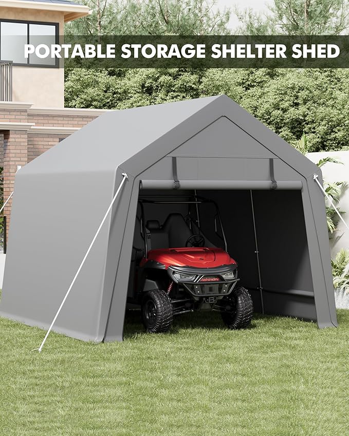 10 x 10 ft Carport Storage Shed, Portable Garage with Roll-up Zipper Door, Heavy Duty Waterproof Tarp, Storage for Motorcycle, Bike, Firewood, Garden Tools