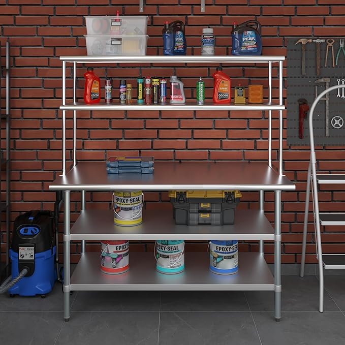 Amgood Stainless Steel Work Table with 2 Shelves | Metal Kitchen Prep Table & Shelving Combo (30" x 60" Table with 2 Shelves + 18" Overshelf)