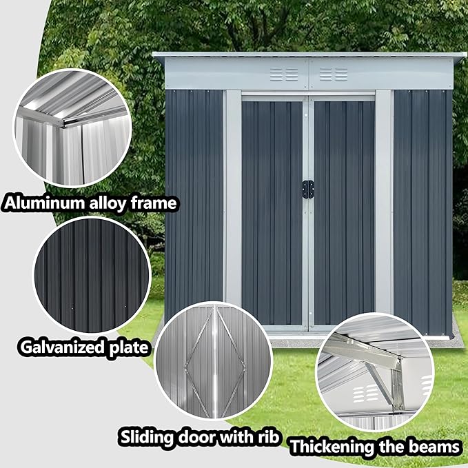 6x4 FT Outdoor Storage Shed with Sloping Roof, Waterproof Metal Garden Sheds w/Lockable Sliding Doors and Vents, Weather Resistant Tool Storage House for Backyard, Patio, Lawn, Grey