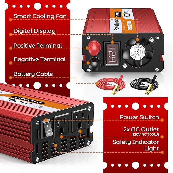 700W Power Inverter, DC 12V to 110V AC Car Inverter with LCD Screen Display, 2 AC Outlets, Equipped with 2 Clips for Truck, Home, Vehicles, Laptop, Trip