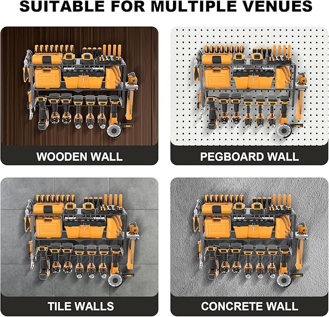 Large Power Tool Organizer Wall Mount, Power Tool Shelf System Battery Storage with 8 Cordless Drill Holder，3 Layers Heavy Duty Metal Loads 450lbs，Utility Racks for Garage Workshop