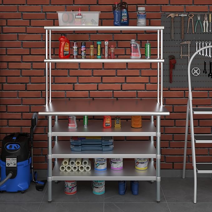 Amgood (24" x 48" Stainless Steel Work Table with 3 Shelves and 12" Wide Double Tier Overshelf | Metal Kitchen Prep Table & Shelving Combo | NSF