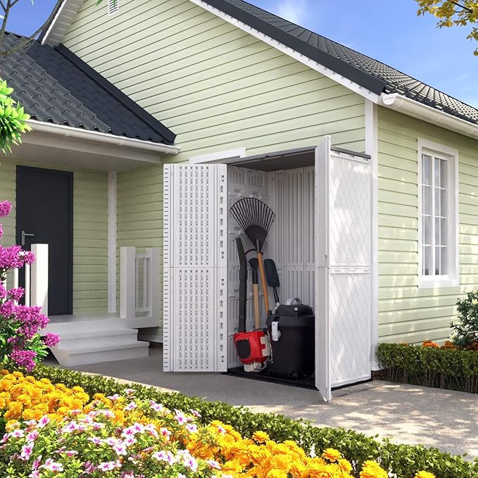 ADDOK Outdoor Storage Cabinet Waterproof,Outdoor Storage Sheds with Floor, Double-Layer Storage Shed for Patios/Generator/Long-Handled Tools (ivory/52 Cu.Ft)