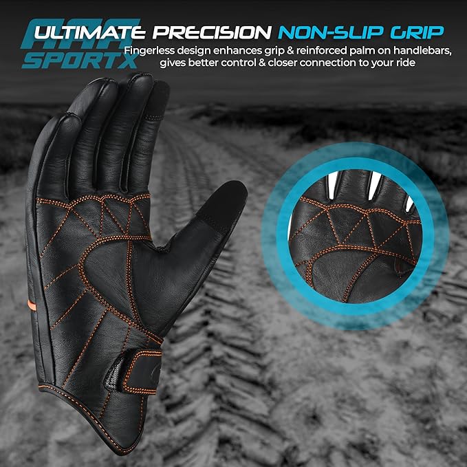 aasportx Motorcycle Gloves - Men's Leather Motorbike Gloves with Touchscreen Function - Non-Slip Pads for Men & Women