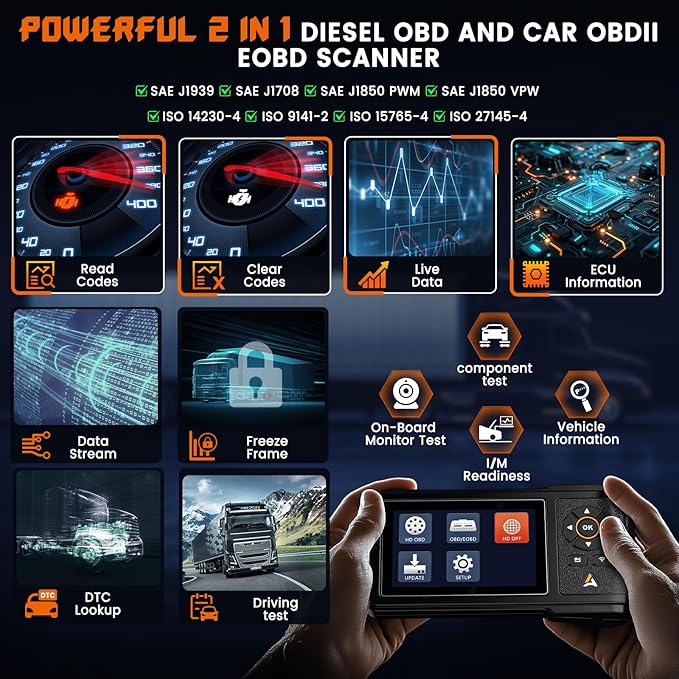 ANCEL HD430 Heavy Duty Truck Scanner, DPF Reset & Forced Regeneration for Cummins & Caterpillar Engine, Full System HDOBD Diesel Scanner OBD2 Diagnostic Scan Tool Code Reader for Diesel Trucks & Cars
